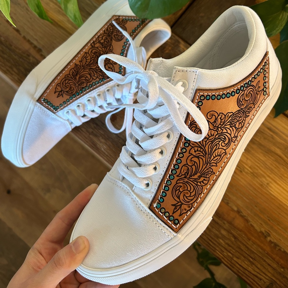 Custom White Old Skool Vans with Tooled Leather and Turquoise Design